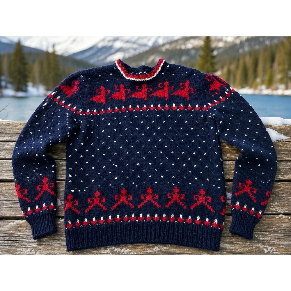 Vintage Norwegian Hand Knit 100% Wool Navy Red Pullover Sweater Sz S